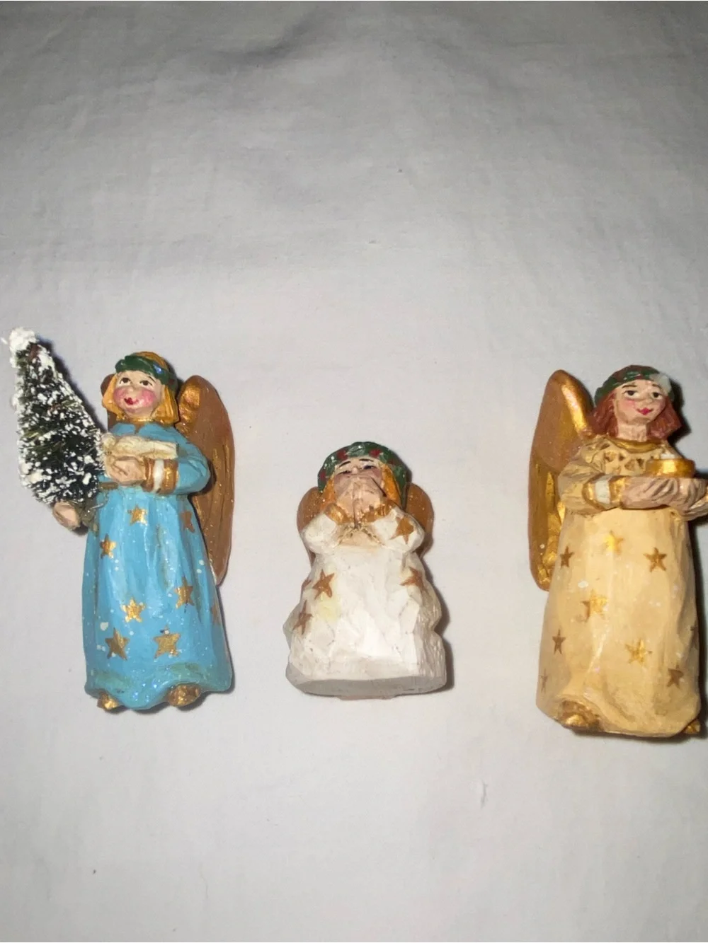 Hand-Painted Holiday Set: 3 Angels; 1 Thimble tree; 1 Santa candle snuffer